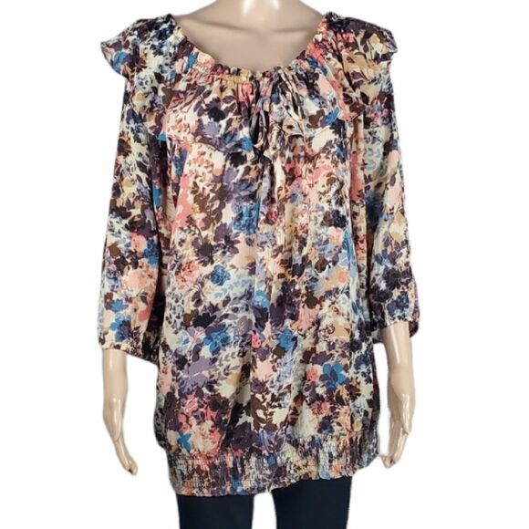 Lane Bryant Floral Pink & Brown Top with Ruffle Collar - Picture 1 of 4